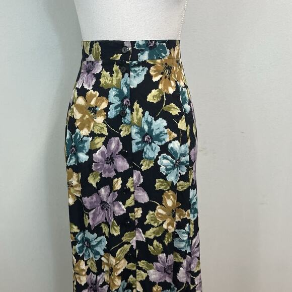 Sag Harbor Skirt size Extra Large Long Black Blue Purple Floral Button Front - Picture 3 of 11